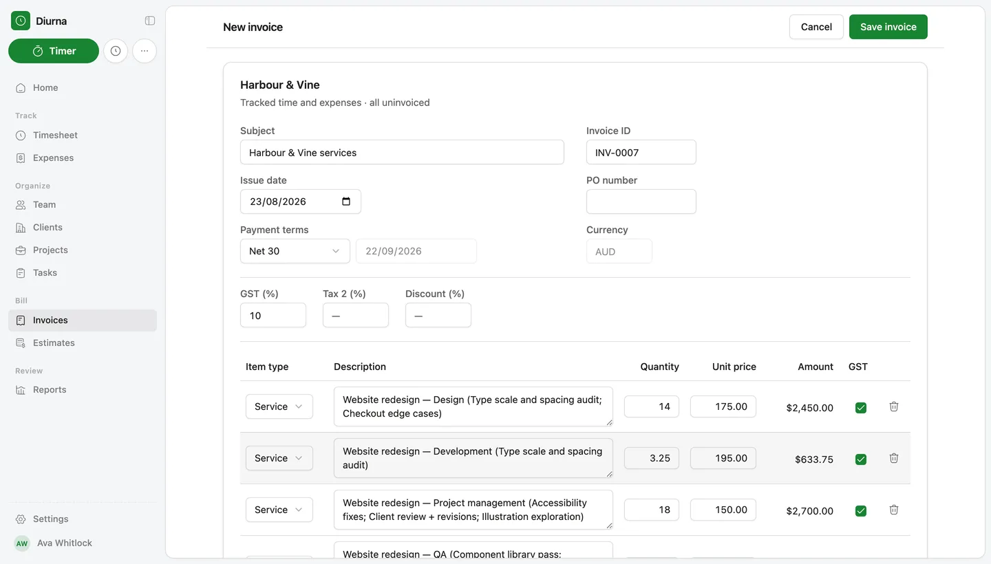Diurna — Invoice editor