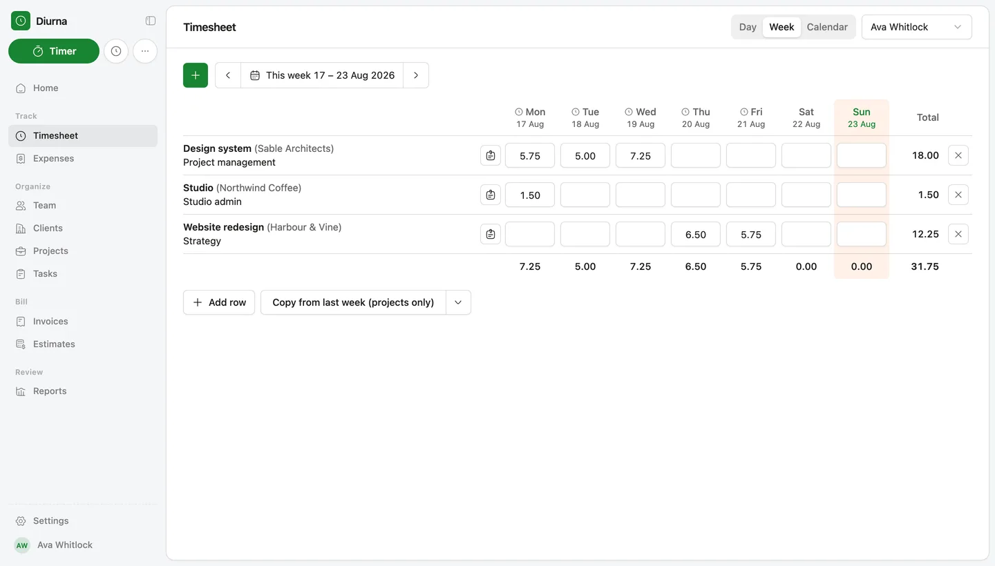 Diurna — Timesheet — week view